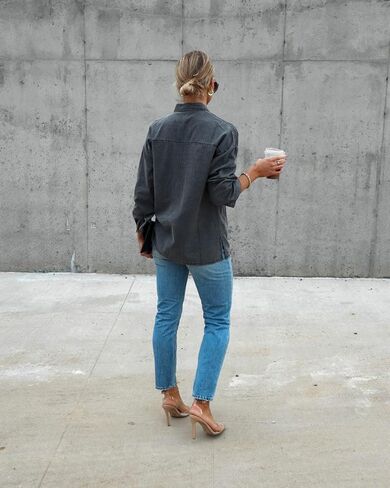 Paintcolors المرأة زر أسفل قميص دينيم منتظم تيشيرت ضيق بأكمام طويلة بلوزات العمل غير الرسمية شامبراي تونك القمم سترة مع جيب in Kuwait