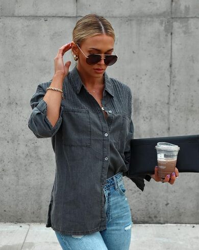 Paintcolors المرأة زر أسفل قميص دينيم منتظم تيشيرت ضيق بأكمام طويلة بلوزات العمل غير الرسمية شامبراي تونك القمم سترة مع جيب in Kuwait