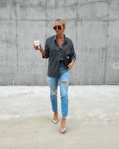 Paintcolors المرأة زر أسفل قميص دينيم منتظم تيشيرت ضيق بأكمام طويلة بلوزات العمل غير الرسمية شامبراي تونك القمم سترة مع جيب in Kuwait