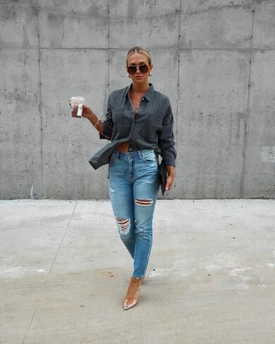 Paintcolors المرأة زر أسفل قميص دينيم منتظم تيشيرت ضيق بأكمام طويلة بلوزات العمل غير الرسمية شامبراي تونك القمم سترة مع جيب in Kuwait