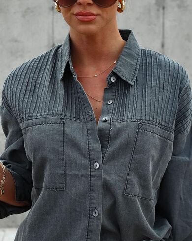 Paintcolors المرأة زر أسفل قميص دينيم منتظم تيشيرت ضيق بأكمام طويلة بلوزات العمل غير الرسمية شامبراي تونك القمم سترة مع جيب in Kuwait