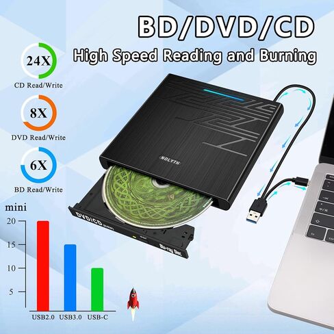 محرك أقراص بلو راي خارجي من NOLYTH، رفيع للغاية بسمك 0.7 بوصة USB 3.0/USB C RW محركات أقراص بلو راي رفيعة مشغل بلو راي مع منافذ SD/TF/2 USB محرك أقراص Blueray/DVD لأجهزة الكمبيوتر المحمول وأجهزة الكمبيوتر المكتبية وأجهزة Mac Windows Linux in Saudi Arabia