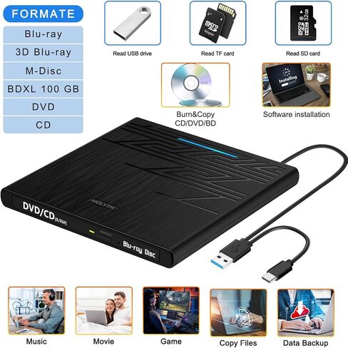 محرك أقراص بلو راي خارجي من NOLYTH، رفيع للغاية بسمك 0.7 بوصة USB 3.0/USB C RW محركات أقراص بلو راي رفيعة مشغل بلو راي مع منافذ SD/TF/2 USB محرك أقراص Blueray/DVD لأجهزة الكمبيوتر المحمول وأجهزة الكمبيوتر المكتبية وأجهزة Mac Windows Linux in Saudi Arabia