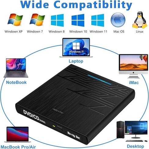 محرك أقراص بلو راي خارجي من NOLYTH، رفيع للغاية بسمك 0.7 بوصة USB 3.0/USB C RW محركات أقراص بلو راي رفيعة مشغل بلو راي مع منافذ SD/TF/2 USB محرك أقراص Blueray/DVD لأجهزة الكمبيوتر المحمول وأجهزة الكمبيوتر المكتبية وأجهزة Mac Windows Linux in Saudi Arabia