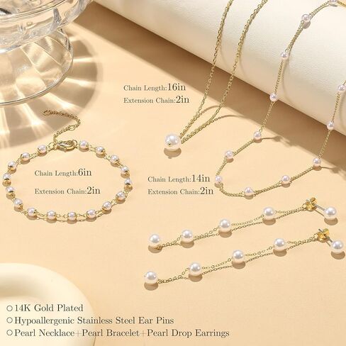 FUNRUN JEWELRY قلادة اللؤلؤ للنساء 14K مجموعة مجوهرات اللؤلؤ المطلية بالذهب قابل للتعديل اللؤلؤ قلادة قلادة سوار اللؤلؤ انخفاض الأقراط لذيذ مجوهرات لؤلؤ الزفاف in Kuwait