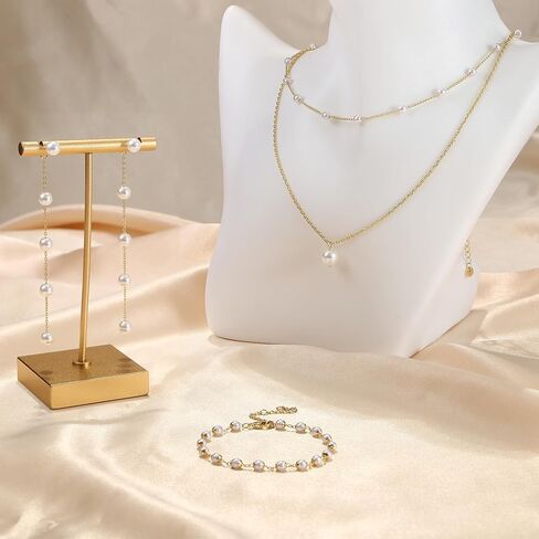 FUNRUN JEWELRY قلادة اللؤلؤ للنساء 14K مجموعة مجوهرات اللؤلؤ المطلية بالذهب قابل للتعديل اللؤلؤ قلادة قلادة سوار اللؤلؤ انخفاض الأقراط لذيذ مجوهرات لؤلؤ الزفاف in Kuwait