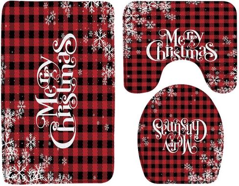 Sunhe 3 Piece Christmas Gnome Bath Mat Sets Cute Gnome Folklore Elves Red Black Buffalo Plaid Pine Twig Xmas Balls Winter Holiday Bathroom Rug,Toilet Seat Cover,U-Shaped Floor Mat in Saudi Arabia