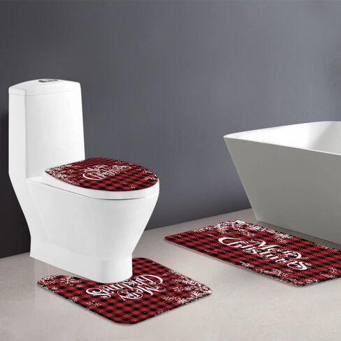 Sunhe 3 Piece Christmas Gnome Bath Mat Sets Cute Gnome Folklore Elves Red Black Buffalo Plaid Pine Twig Xmas Balls Winter Holiday Bathroom Rug,Toilet Seat Cover,U-Shaped Floor Mat in Saudi Arabia
