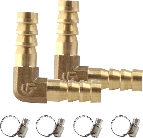 2Pcs 1/4Inch 90 Degree Brass Hose Barb, L Right Angle Brass Barb Elbow Connector Fitting with 4Pcs Hose Clamps for Fuel, Air, Water, Oil, Gas(6mm) in Saudi Arabia