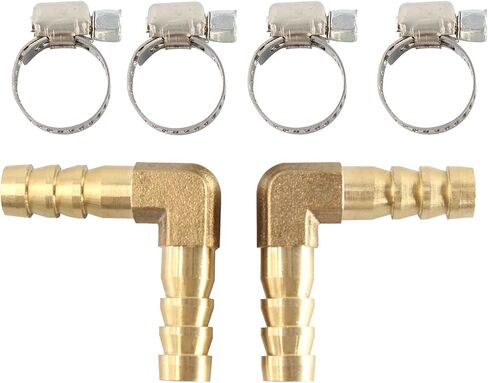 2Pcs 1/4Inch 90 Degree Brass Hose Barb, L Right Angle Brass Barb Elbow Connector Fitting with 4Pcs Hose Clamps for Fuel, Air, Water, Oil, Gas(6mm) in Saudi Arabia