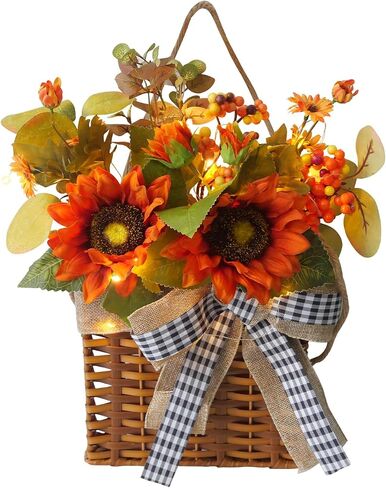 Door Hanger Basket Wreath with Led Lights, Fall Wreath for Front Door, Thanksgiving Hanging Autumn Sunflower Wreath for Farmhouse Outdoor Porch, Fall Indoor Decor, Thanksgiving Wall Decorations in Saudi Arabia
