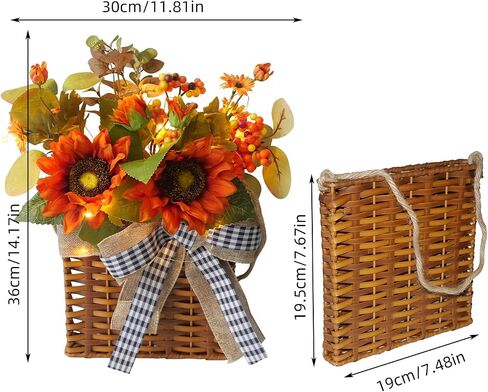 Door Hanger Basket Wreath with Led Lights, Fall Wreath for Front Door, Thanksgiving Hanging Autumn Sunflower Wreath for Farmhouse Outdoor Porch, Fall Indoor Decor, Thanksgiving Wall Decorations in Saudi Arabia