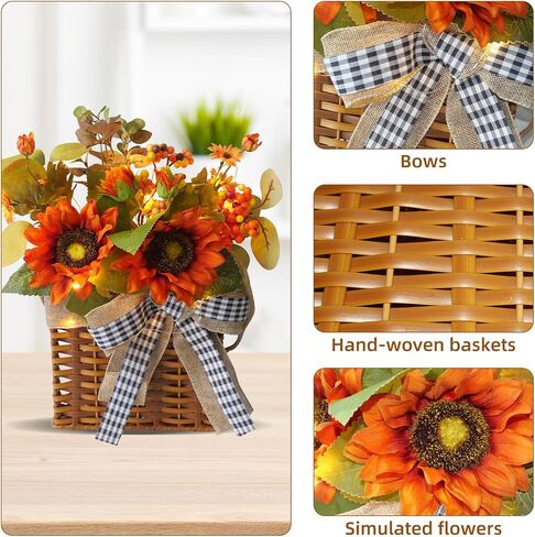 Door Hanger Basket Wreath with Led Lights, Fall Wreath for Front Door, Thanksgiving Hanging Autumn Sunflower Wreath for Farmhouse Outdoor Porch, Fall Indoor Decor, Thanksgiving Wall Decorations in Saudi Arabia