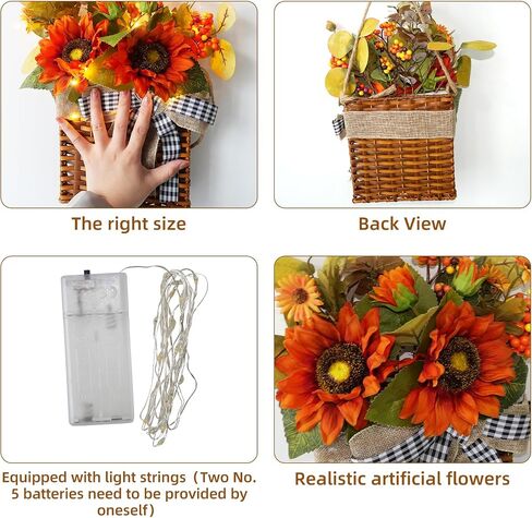 Door Hanger Basket Wreath with Led Lights, Fall Wreath for Front Door, Thanksgiving Hanging Autumn Sunflower Wreath for Farmhouse Outdoor Porch, Fall Indoor Decor, Thanksgiving Wall Decorations in Saudi Arabia