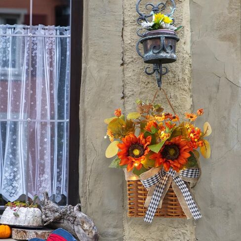 Door Hanger Basket Wreath with Led Lights, Fall Wreath for Front Door, Thanksgiving Hanging Autumn Sunflower Wreath for Farmhouse Outdoor Porch, Fall Indoor Decor, Thanksgiving Wall Decorations in Saudi Arabia