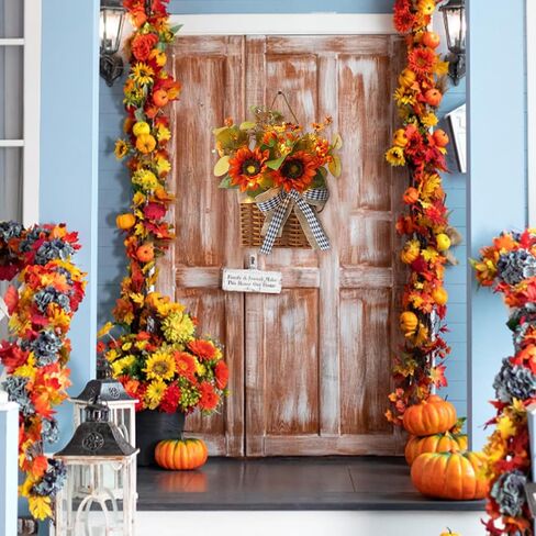Door Hanger Basket Wreath with Led Lights, Fall Wreath for Front Door, Thanksgiving Hanging Autumn Sunflower Wreath for Farmhouse Outdoor Porch, Fall Indoor Decor, Thanksgiving Wall Decorations in Saudi Arabia