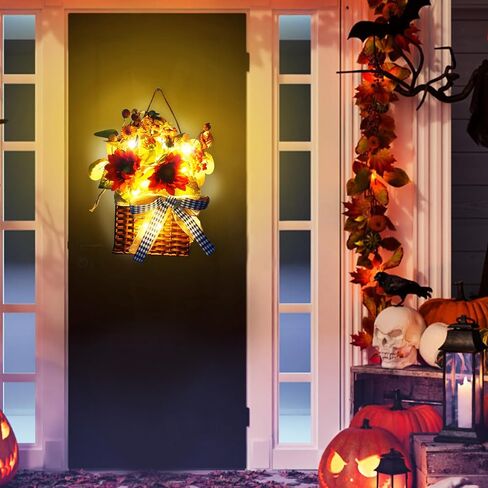 Door Hanger Basket Wreath with Led Lights, Fall Wreath for Front Door, Thanksgiving Hanging Autumn Sunflower Wreath for Farmhouse Outdoor Porch, Fall Indoor Decor, Thanksgiving Wall Decorations in Saudi Arabia