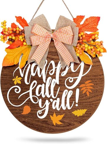 Whaline Fall Wooden Door Sign Happy Fall Y'all Door Decor with Bow Maple Leaf Berry Thanksgiving Wreath Decorations Rustic Farmhouse Wood Door Hanger for Autumn Harvest Holiday Home Office Window in Saudi Arabia