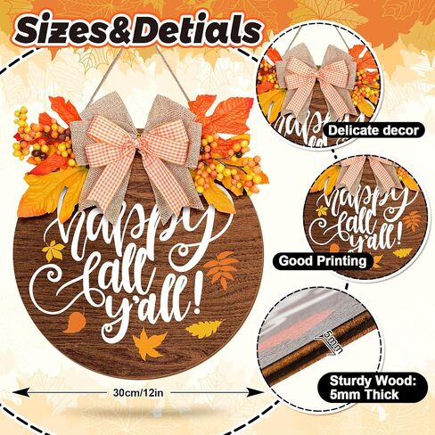 Whaline Fall Wooden Door Sign Happy Fall Y'all Door Decor with Bow Maple Leaf Berry Thanksgiving Wreath Decorations Rustic Farmhouse Wood Door Hanger for Autumn Harvest Holiday Home Office Window in Saudi Arabia