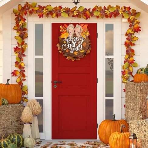 Whaline Fall Wooden Door Sign Happy Fall Y'all Door Decor with Bow Maple Leaf Berry Thanksgiving Wreath Decorations Rustic Farmhouse Wood Door Hanger for Autumn Harvest Holiday Home Office Window in Saudi Arabia