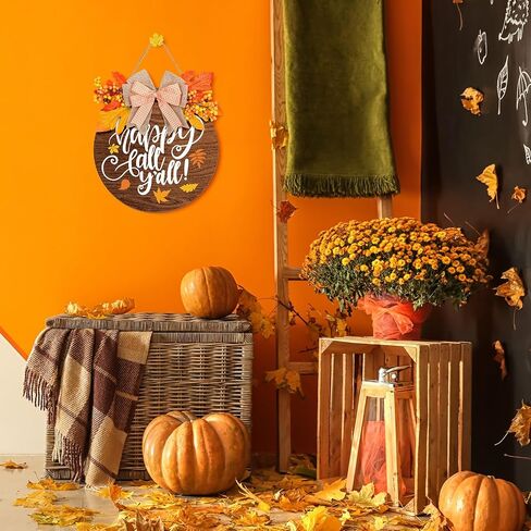 Whaline Fall Wooden Door Sign Happy Fall Y'all Door Decor with Bow Maple Leaf Berry Thanksgiving Wreath Decorations Rustic Farmhouse Wood Door Hanger for Autumn Harvest Holiday Home Office Window in Saudi Arabia