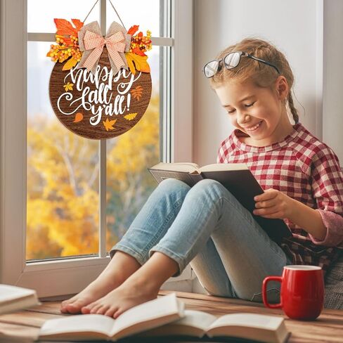 Whaline Fall Wooden Door Sign Happy Fall Y'all Door Decor with Bow Maple Leaf Berry Thanksgiving Wreath Decorations Rustic Farmhouse Wood Door Hanger for Autumn Harvest Holiday Home Office Window in Saudi Arabia
