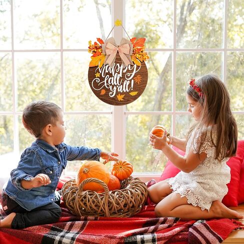 Whaline Fall Wooden Door Sign Happy Fall Y'all Door Decor with Bow Maple Leaf Berry Thanksgiving Wreath Decorations Rustic Farmhouse Wood Door Hanger for Autumn Harvest Holiday Home Office Window in Saudi Arabia