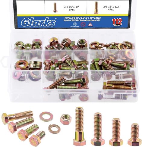 Glarks 112 قطعة 3/8 بوصة - 16 درجة 8 مسامير سداسية خشنة صواميل غسالات مجموعة متنوعة، 4 مقاسات 3/4 بوصة، 1 بوصة، 1-1/4 بوصة، 1-1/2 بوصة براغي غطاء رأس سداسية وصواميل سداسية مجموعة غسالات قفل غسالات مسطحة in Saudi Arabia