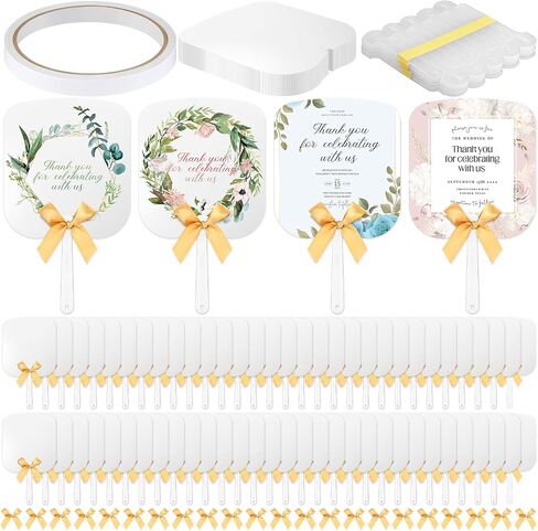 Sublimation Fans Blank Bulk Fans Handheld Set Double Sided Sublimation Fans Includes Blank White Cardstock Handle Sticks Gold Bow for Wedding Baby Shower Party Supplies DIY(50 Pcs) in Saudi Arabia