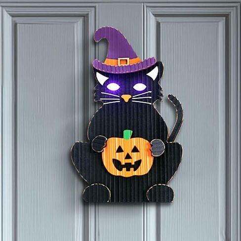 Valery Madelyn Halloween Wreath with Lights, 15 Inch Black Cat with Jack o Lantern Decorations for Front Door, Cute Wooden Sign Halloween Wall Table Decor for Home Porch Party in Saudi Arabia