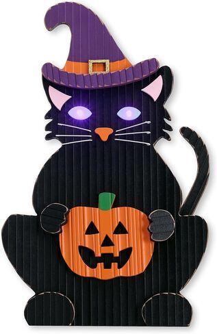 Valery Madelyn Halloween Wreath with Lights, 15 Inch Black Cat with Jack o Lantern Decorations for Front Door, Cute Wooden Sign Halloween Wall Table Decor for Home Porch Party in Saudi Arabia