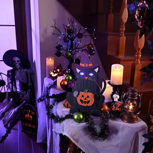 Valery Madelyn Halloween Wreath with Lights, 15 Inch Black Cat with Jack o Lantern Decorations for Front Door, Cute Wooden Sign Halloween Wall Table Decor for Home Porch Party in Saudi Arabia