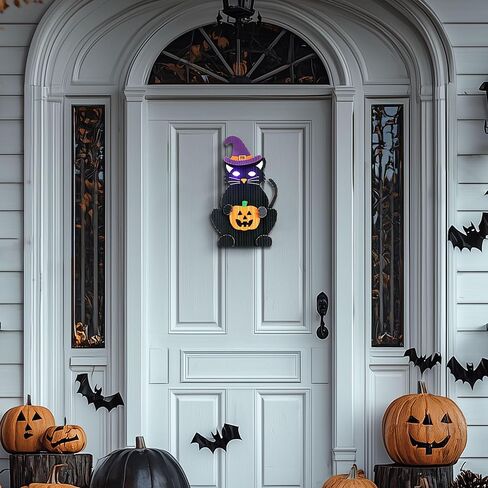 Valery Madelyn Halloween Wreath with Lights, 15 Inch Black Cat with Jack o Lantern Decorations for Front Door, Cute Wooden Sign Halloween Wall Table Decor for Home Porch Party in Saudi Arabia
