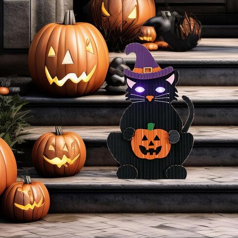 Valery Madelyn Halloween Wreath with Lights, 15 Inch Black Cat with Jack o Lantern Decorations for Front Door, Cute Wooden Sign Halloween Wall Table Decor for Home Porch Party in Saudi Arabia