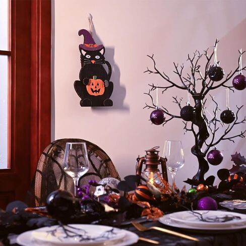 Valery Madelyn Halloween Wreath with Lights, 15 Inch Black Cat with Jack o Lantern Decorations for Front Door, Cute Wooden Sign Halloween Wall Table Decor for Home Porch Party in Saudi Arabia
