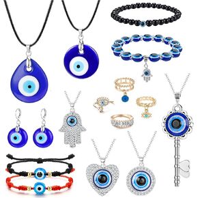 JeryWe 15 جهاز كمبيوتر شخصى قلادة العين الشريرة للنساء الرجال مجوهرات العين الشريرة التركية أساور العين الشريرة مطرز سحر قابل للتعديل سلسلة حماية العين الشريرة سوار مجموعة مجوهرات in Kuwait