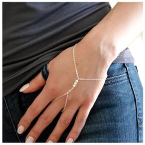 Allereyae Vintage Pearl Finger Ring Bracelet Silver Slave Bracelet Pearl Ring Wrist Bracelet Tiny Bead Bracelet Pearl Slave Hand Chain Bracelet Jewelry for Women and Girls