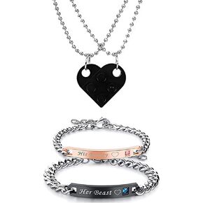 YANCHUN 4Pcs Couple Necklace Bracelets for Him and Her Heart Brick Pendant Necklaces Handmade Promise Bracelets Valentines Day Gifts for Couple BFF Best Friends