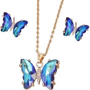 Butterfly Necklace Earrings for Women Girls,Minimalist Cubic Zircons Butterfly Pendant Earrings Choker Necklace Cute Crystal Butterfly Jewelry Set Jewelry Gifts