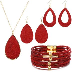 CJIAYUJEW Faux Leather Earrings Necklace Bracelet Set for Women Girls 4 Pieces Christmas Plaid Stripe Jewelry Set Women's Glitter Jewelry Set Bridal Wedding Multi-Layer Bracelet
