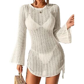 Womens Swimsuit Cover Up Crochet Coverups Hollow Out Bell Long Sleeve Drawstring Bathing Suits Swim Coverup