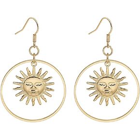 Gold Plated Sun Round Circular Dangle Drop Earrings for Women Girls Boho Retro Statement Face Planet Hollow Out Circle Shaped Big Celestial Earrings for Christmas Party Jewelry Gifts