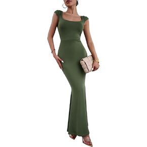 VintageClothing Womens Bodycon Maxi Dresses Square Neck Elegant Casual Lounge Long Club Party Tight Dress