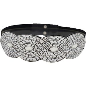 Women Fancy Dressy Flashy Fashion Belt Hip Waist Black Elastic Waistband Silver Bling Oval Wave Buckles S M