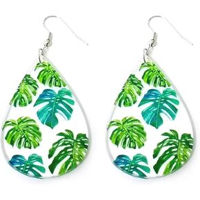 Transparent Acrylic Monstera Leaf Teardrop Dangle Earrings Green Palm Leaf Earrings for Women Girls Summer Bohemia Jewelry Gifts