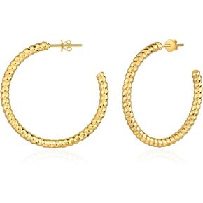 Chunky Open Hoop Earrings for Women 14K Gold Plated Sterling Silver Post Twisted Rope Earring Jewelry Gift