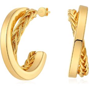 Chunky Open Hoop Earrings for Women 14K Gold Plated Sterling Silver Post Twisted Rope Earring Jewelry Gift