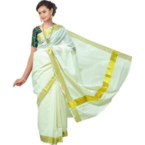 Kerala Saree Women's Cotton Cream Solid Plain Golden Zari Bordered Premium Traditional Elegance Onam Special Kavasu Saree