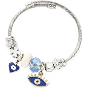 Cute Evil Eye Charms Bracelets for Women, Silver Bangle Bracelet Open Cuff Bracelet Love Heart Wrap Bracelet Blue Red Bracelet for Girls Adjustable Handmade Jewelry Birthday Gifts for Her