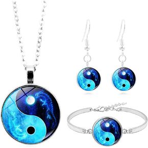 4 Pcs/Set Yin Yang Puzzle Piece Star Moon Earrings Necklace Bracelet Sets for Women Men Adjustable Sunflower Lotus Flower Yoga Taiji Bagua BFF Jewelry